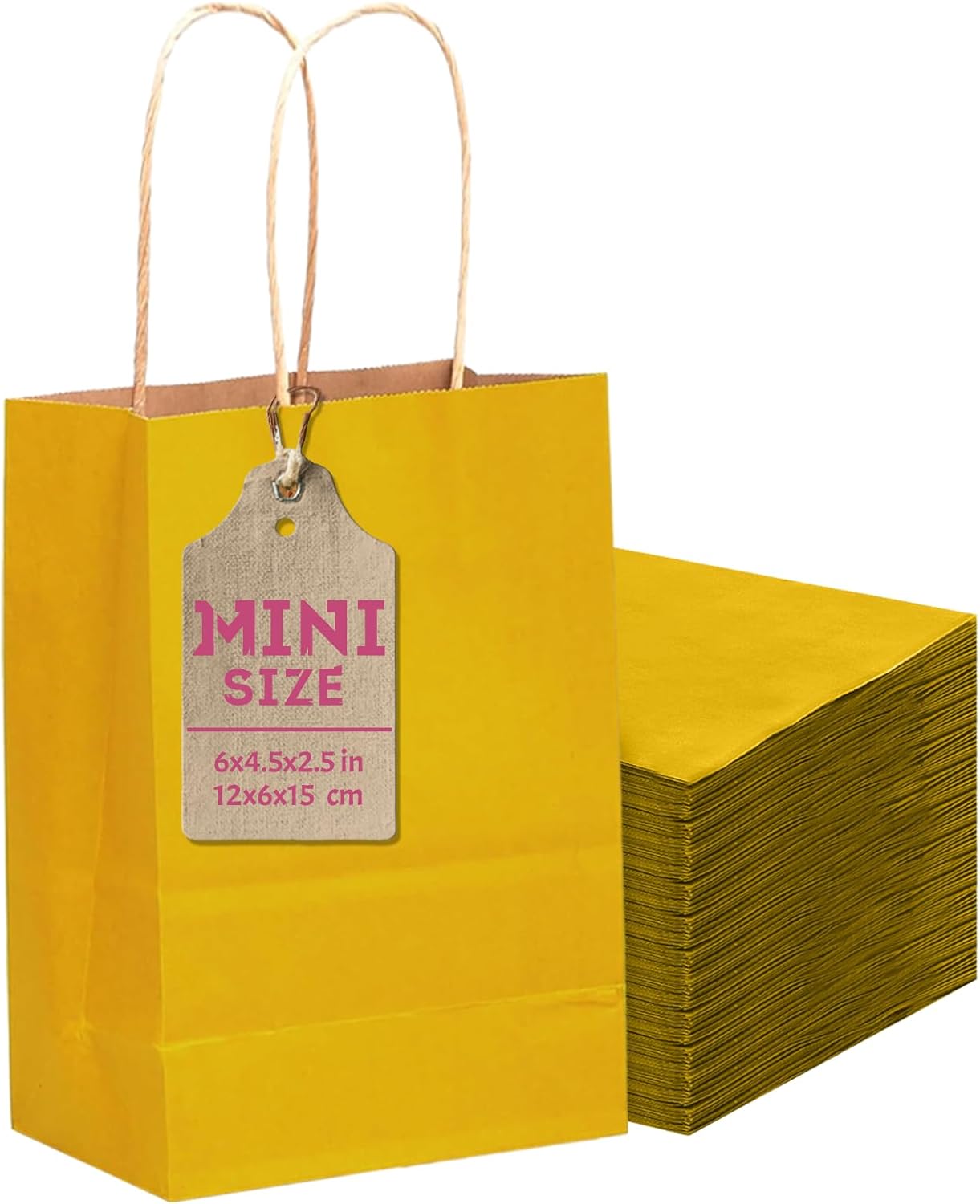qiqee 24 Pcs Bright Yellow Mini Paper Gift Bags with Handles 6"x4.5"x2.5" Small Brown Kraft Party Favor Bags Multiple Uses (Mini size)