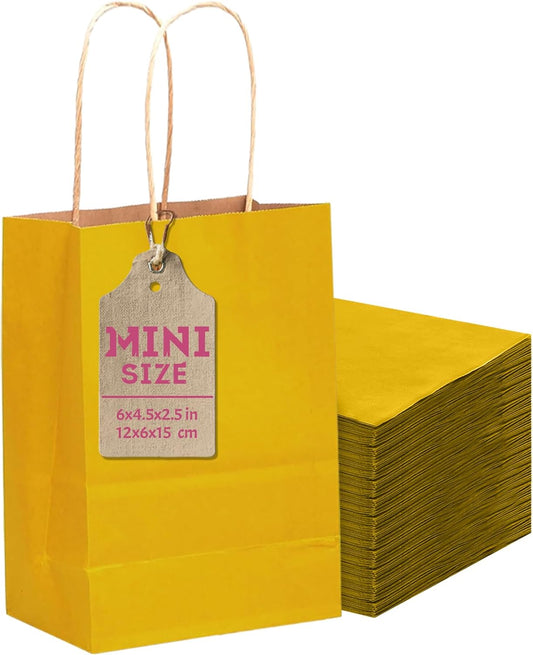 qiqee 24 Pcs Bright Yellow Mini Paper Gift Bags with Handles 6"x4.5"x2.5" Small Brown Kraft Party Favor Bags Multiple Uses (Mini size)