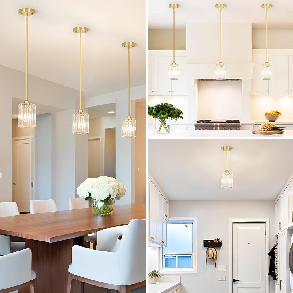 Gold Kitchen Pendant Lights Over Island with Adjustable Rods - Crystal Pendant Lighting Fixtures for Sloped Ceiling, Ideal Over Dining Table or Bar, E26 Bulb Compatible, No Electrician Needed