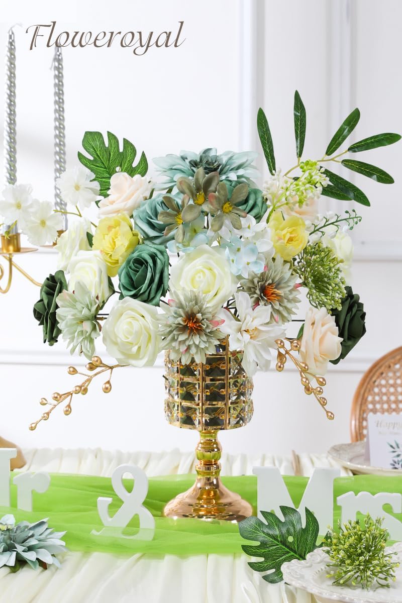 Floweroyal Artificial Flowers Combo Green Flowers Mix Silk Flowers Dahlia Roses with Stems for DIY Wedding Bridal Bouquets, Baby Shower, Floral Arrangement, Table Centerpieces, Home Decorations.