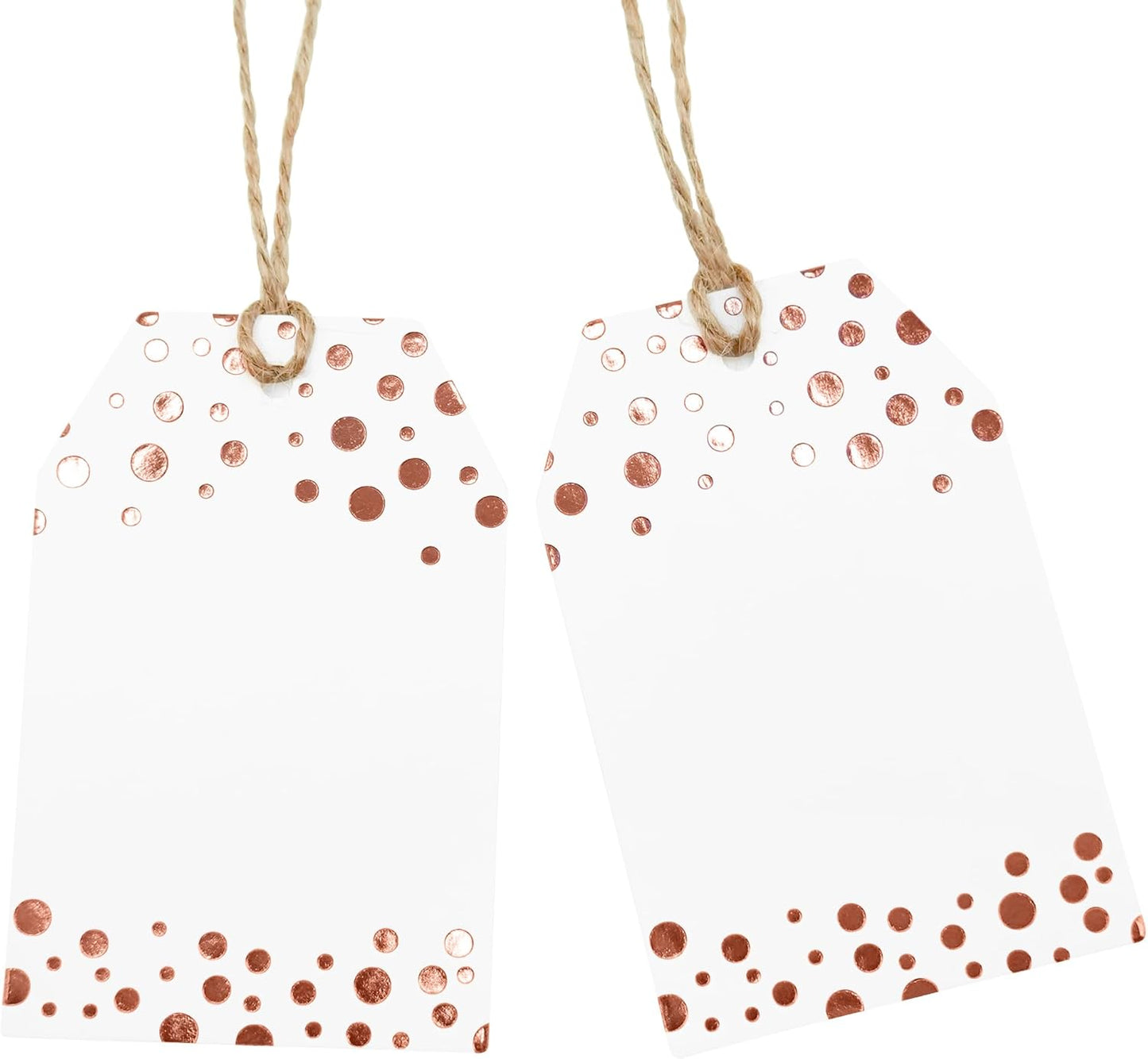 100Pcs Rose Gold Gift Tags with String Attached, ASYEHJNR Foil Rose Gold Dot Large Gift Bag Tags Presents with 65 FT Jute Twine, White Paper Gift Tags for Baby Shower, Wedding, Birthday Gift Wrap Tags