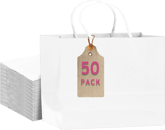 qiqee 50-Packs White Paper Gift Bags with Handles Bulk 12.6"x4.3"x10" Wide Large Size Party Favor Bags Multiple Uses