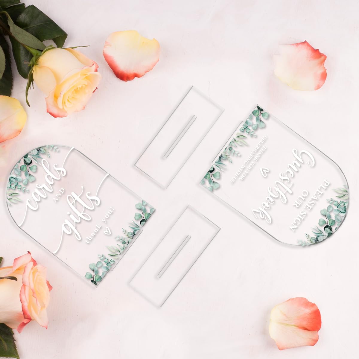 2 Pcs Acrylic Wedding Signs for Reception, Bridal Shower Decorations, Cards and Gifts Signs, Guest Book Sign, Arch Acrylic Table Top Sign with Holder for Wedding Reception (Clear Eucalyptus Leaves)
