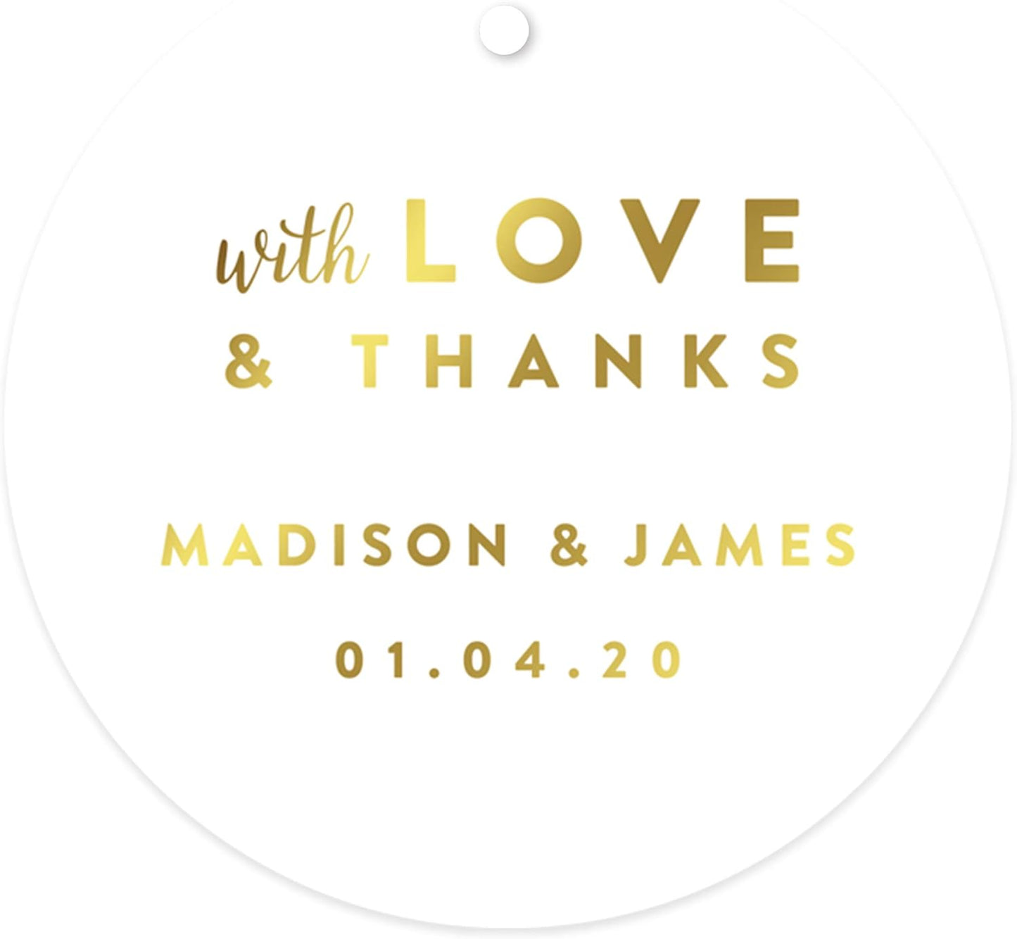 Andaz Press Personalized Round Circle Wedding Gift Tags, Metallic Gold Ink, with Love and Thanks, 24-Pack, Custom Made Any Name