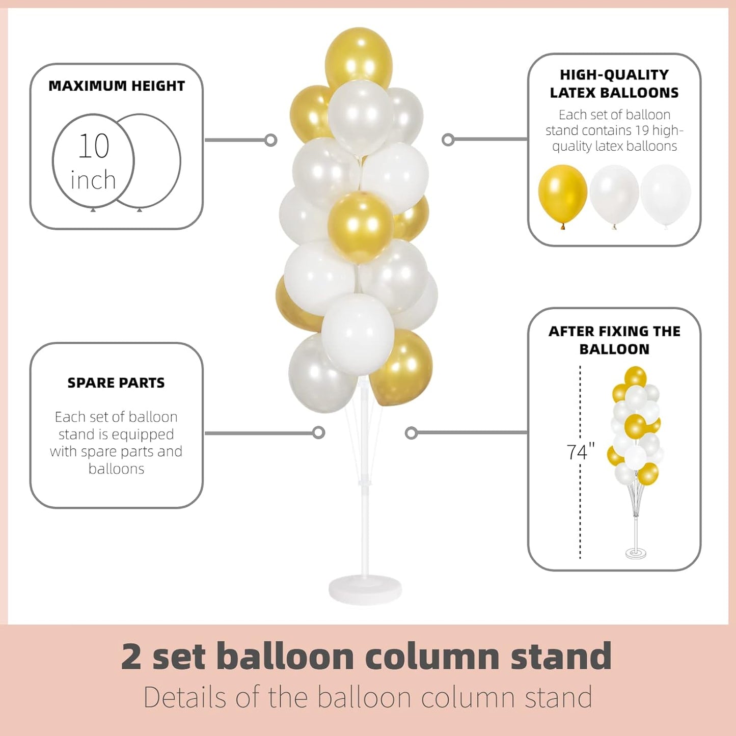Balloon Column Kit Set of 2 With Balloons Included - with Base, and Pole,Balloon Tower Backdrop Decoration for Wedding, Baby Shower, Birthday Party, or Bachelorette Parties (Gold White)