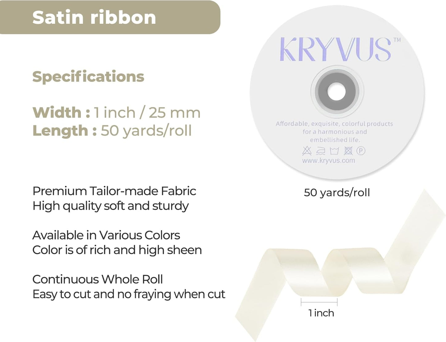 Beige Satin Ribbon 1 inch X Continuous 50 Yards, Single Face Polyester Ribbon Perfect for Gift Wrapping, Flower Bouquet, Wedding Decor, Crafts, Bow Making, Sewing and More