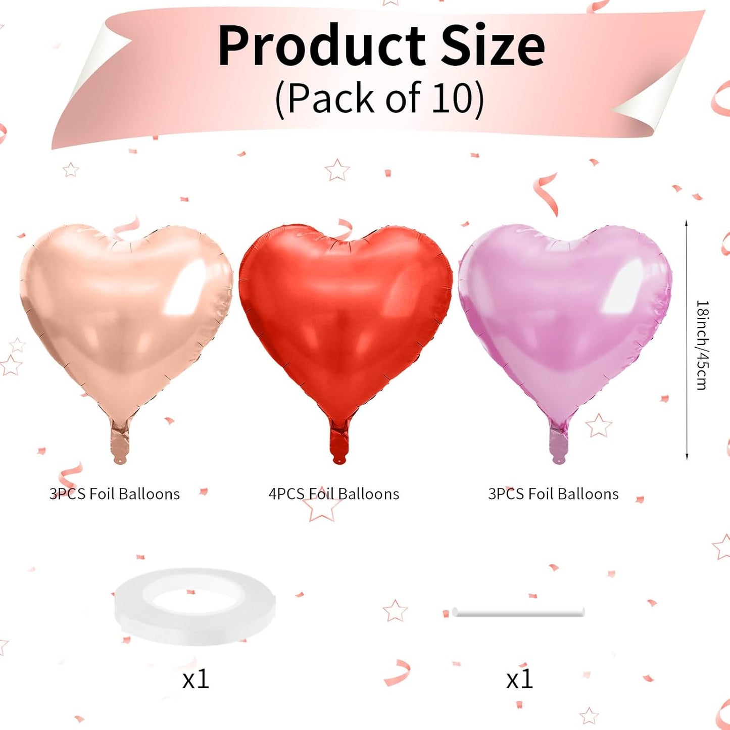 Rose Gold & Pink Heart Balloons - 10 Pcs 18 Inch Foil Heart Shaped Balloons for Girls Women - Red Light - Valentines Day, Birthday, Wedding, Baby Shower, Bridal Party Decorations