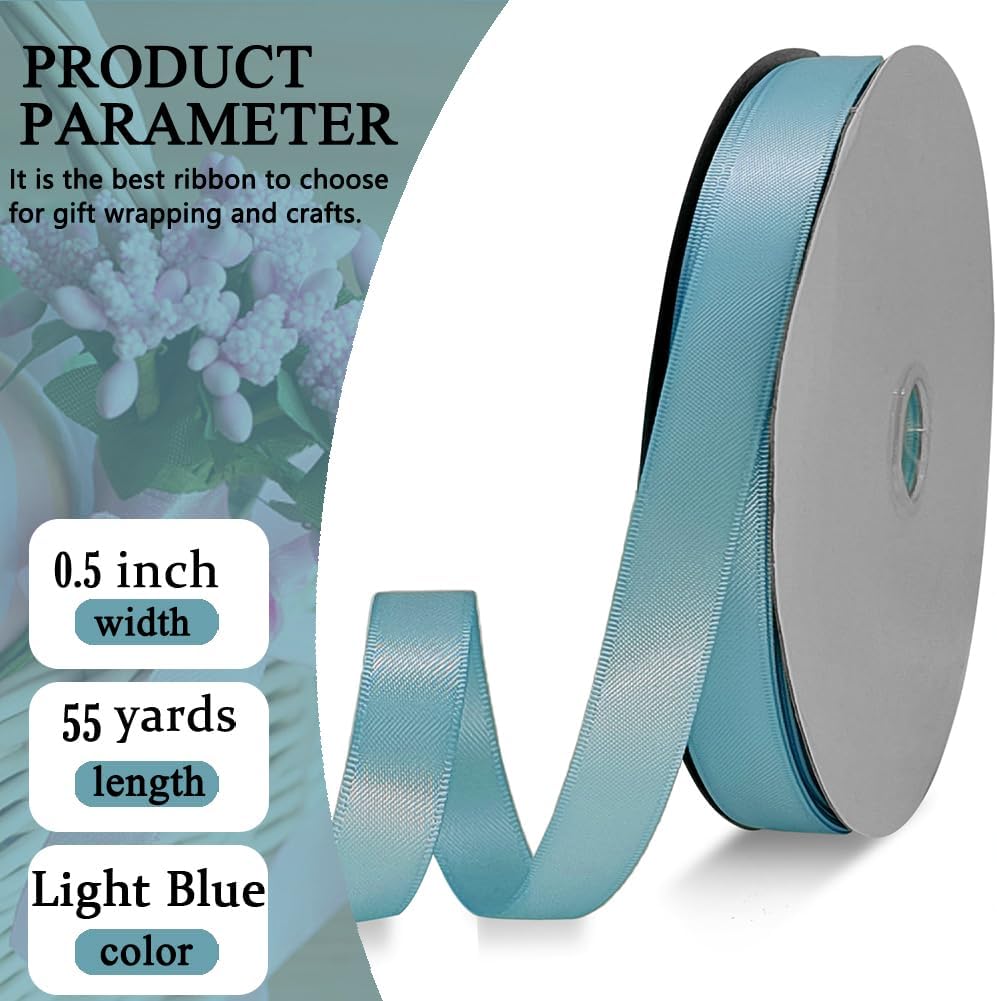 Light Blue Satin Ribbon Double Faced Satin 1/2 inch x 55 Yards Polyester Ribbon for Gift Wrapping Crafts Wedding Decoration Bows Ornaments Party Bouquet Floral Arrangement