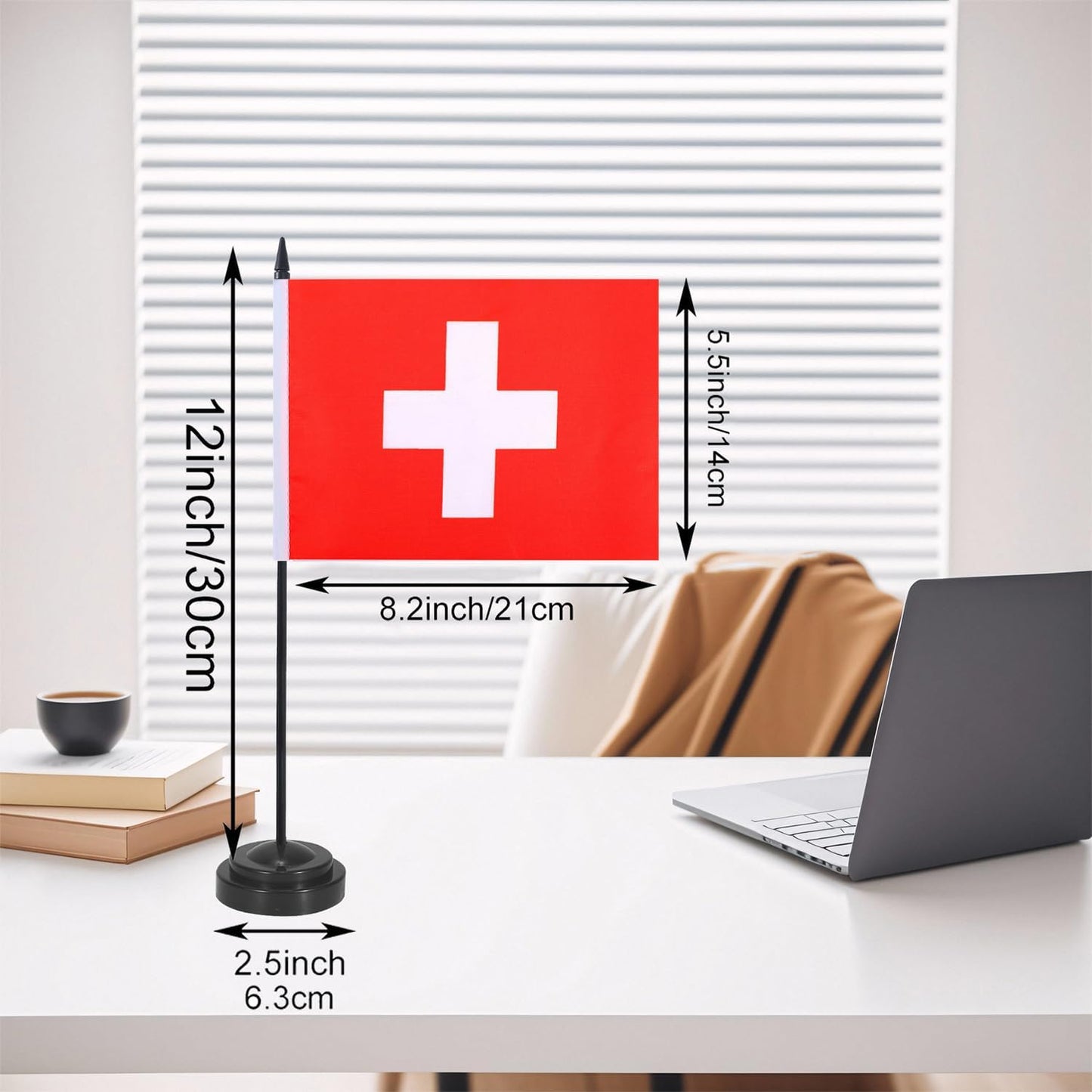 Switzerland Desk Flag 12" Solid Pole Deluxe Set Swiss Flags Banner Mini Small Switzerland Office Table Flags with Black Stand Base Desktop Decorations(2Pack)