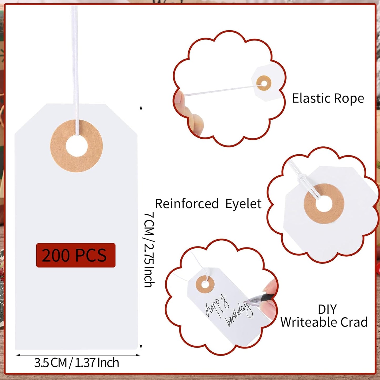 200 Pack White Blank Tags with Elastic String Marking Hang Tags Attached Reinforced Hole Writable Gift Tag for Christmas Gifts Stocking Stuffers 2.75'' x1.37''