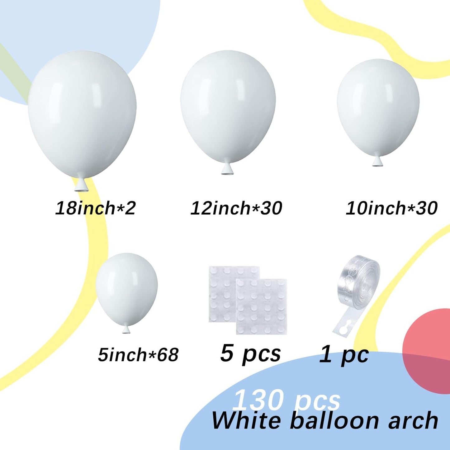 White Balloons Garland Kit, 130pcs White Balloons Different Sizes for Birthday, Baby Shower, Wedding Party Decoration