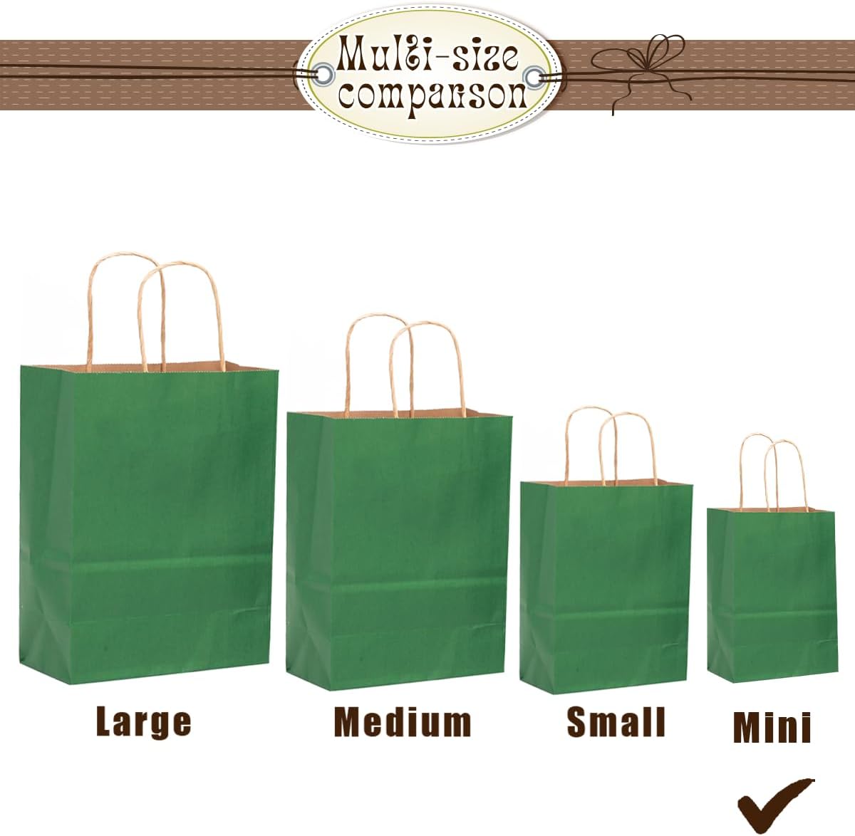 Bakepacker 100 Pcs Deep Green Mini Paper Gift Bags with Handles 6"x4.5"x2.5" Brown Kraft Party Favor Bags Multiple Uses (Mini size)