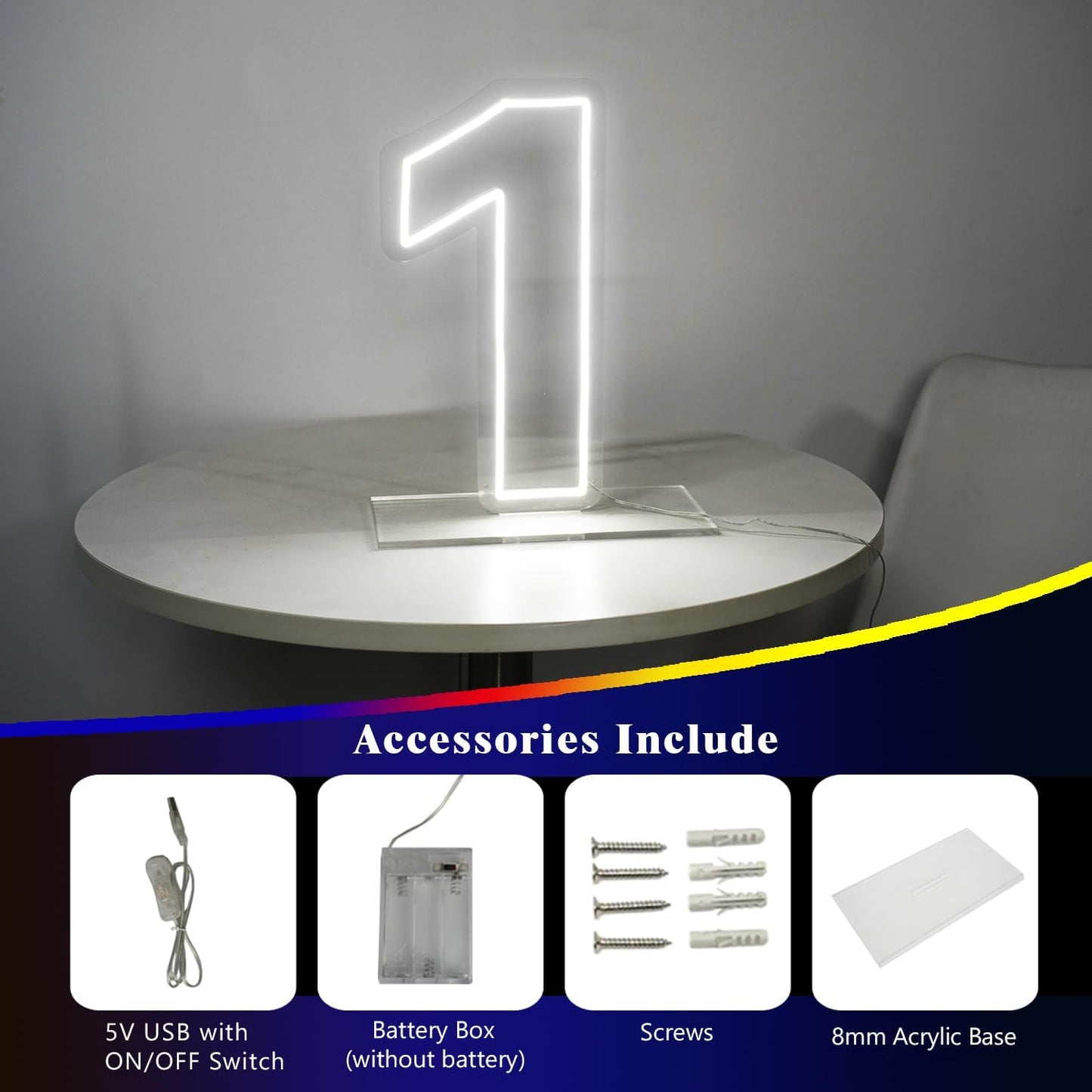 Number 1 Neon Sign for First Birthday, 16.54" Cool White USB Battery Powered One Neon Sign for Party Wedding Anniversary Decor Light Sign (Number 1)