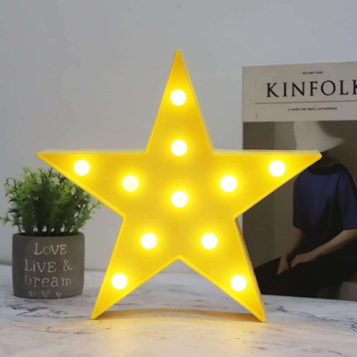 LED Marquee Star Sign Night Light, Battery Operated Star Shape Desk Table Lamp for Kids, Baby, Child, Girl Gift, Nursery Room, Wall Decor - Yellow