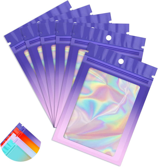 Funfery 100 Pack Holographic Bags,Resealable Bag with Zipper,Clear Window Packaging Pouch,Foil Bags for Food Storage,Sample Jewelry Baggies(4.7×7in,Purple Pink)