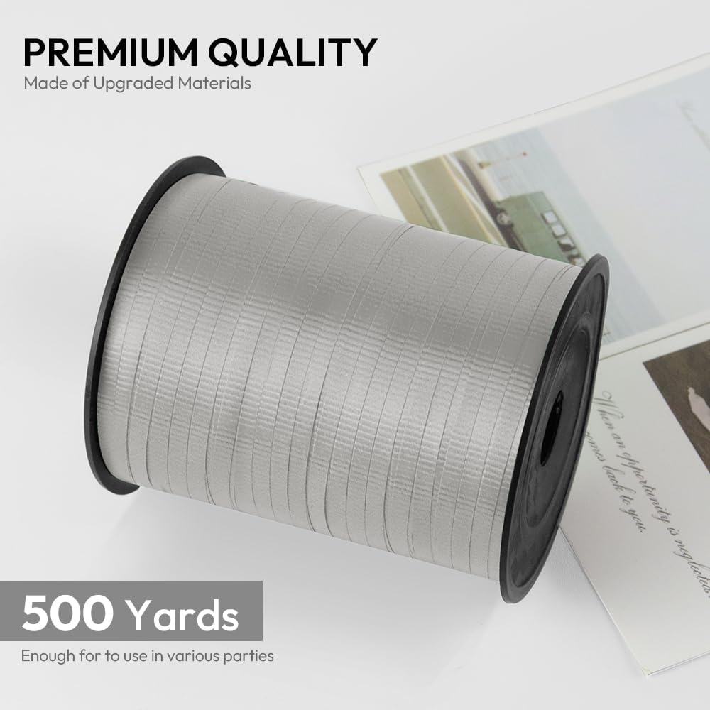KMER LIFE Silvery Crimped Curling Ribbon, 1/5" Wide x 500 Yards Christmas Curling Ribbons for Gift Wrapping, Party Decoration, Balloon String, Crafting, Balloon Ribbons for Florist Flower (1 Roll)