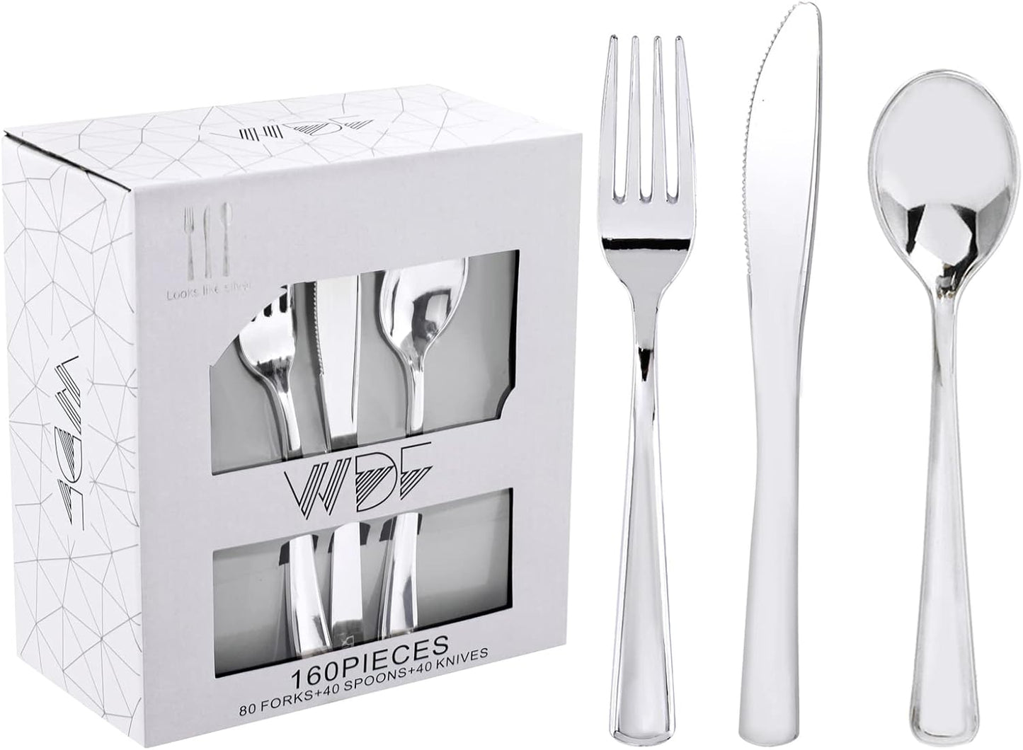 WDF 160 Pieces Silver Plastic Silverware - Silver Disposable Silverware - Plastic Silverware Heavy Duty - 80 Forks 40 Knives 40 Spoons - Disposable Cutlery Perfect for Christmas Wedding/Party