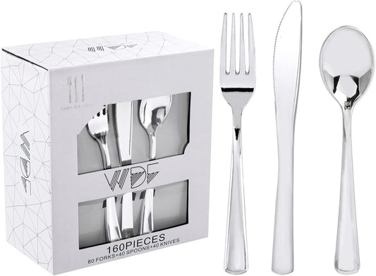 WDF 160 Pieces Silver Plastic Silverware - Silver Disposable Silverware - Plastic Silverware Heavy Duty - 80 Forks 40 Knives 40 Spoons - Disposable Cutlery Perfect for Christmas Wedding/Party