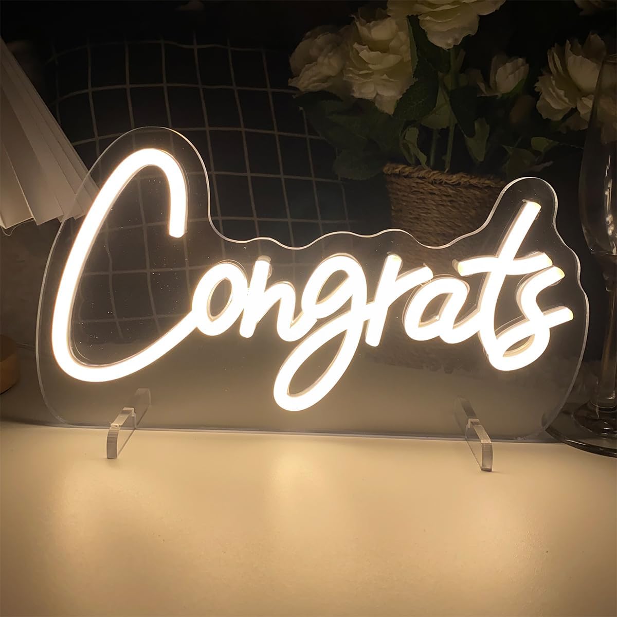 Congrats Table Number Neon Sign Desk Lamp Night Light Wedding Letter LED Neon Sign Wedding Table Decorations Neon Light Shop Bedroom Home Room Decor Christmas Party Warm White USB 30×16.5 CM