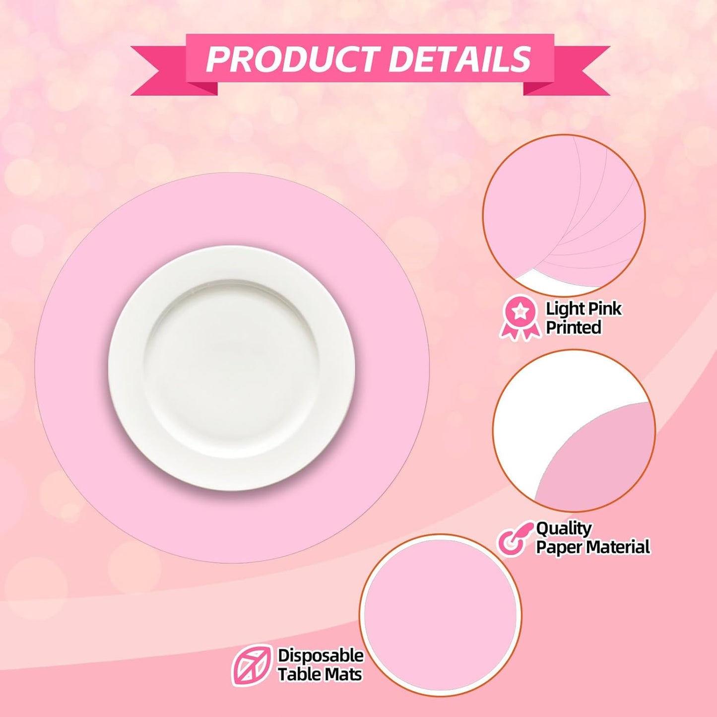 50 Pieces Pink Paper Place Mats Light Pink Round Disposable Table Mats Decorative Placemats for Wedding Bridal Shower Pink Birthday Party Dining Decor