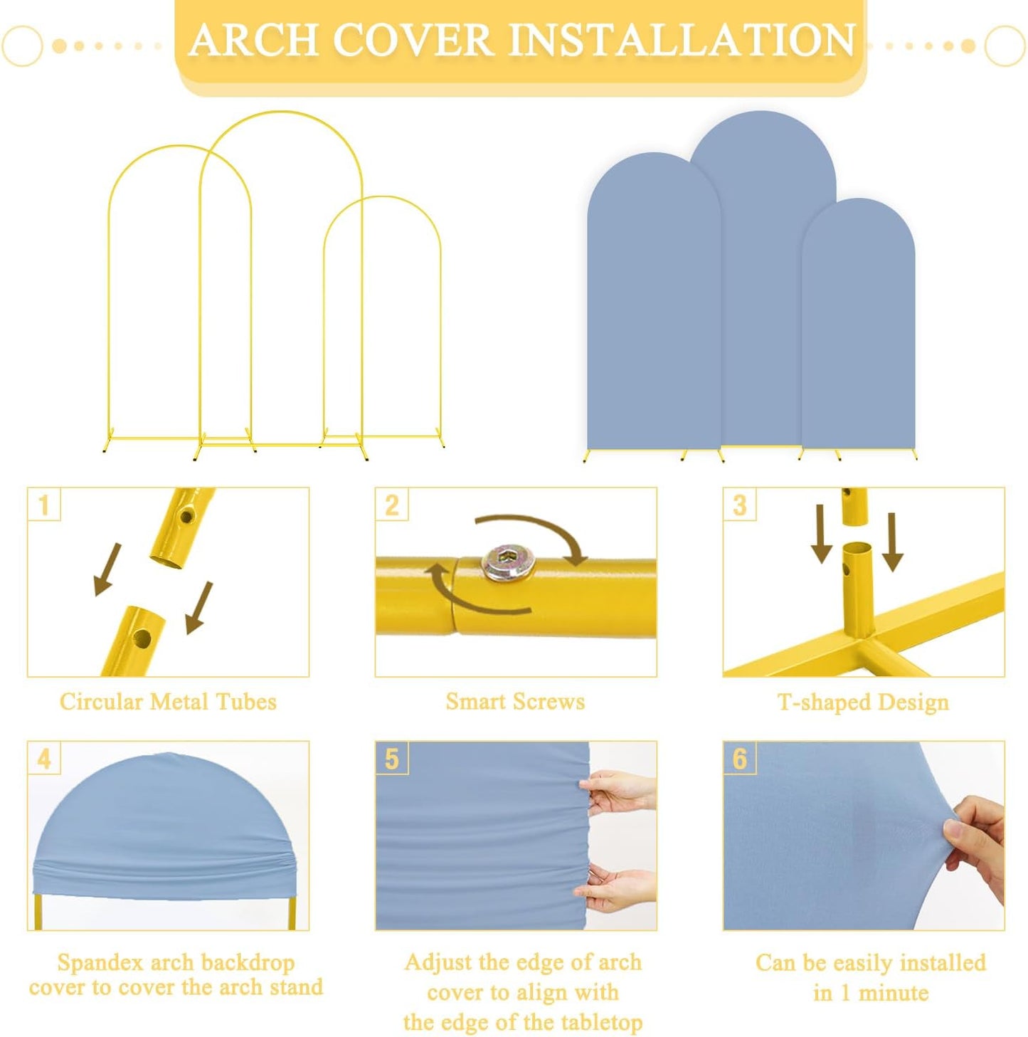 Arch Backdrop Stand and Cover Set of 3 6FT 6.6FT 7.2FT Dusty Blue Spandex Arch Backdrop Covers Set Metal Arch Frame Stand Balloon Arched Covers for Birthday Party Wedding Ceremony Reception