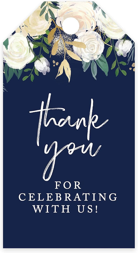 Andaz Press 100-Pack Thank You for Celebrating with Us Favor Tags Navy Blue with Florals Cardstock Gift Tags with Bakers Twine for Wedding Baby Shower Bridal Shower Party Favors 2 x 3.75-Inches