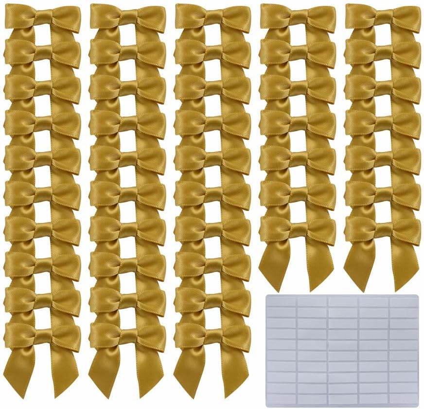 2.5" Hgzgch Gold Satin Ribbon Bow for Gift Wrapping, Premade Bows for Crafts, Cake, Party Favors, Handmade Bows with Double-Sided Tape, Self Adhesive Gift Bows for Presents, Treats, Christmas - 50pcs