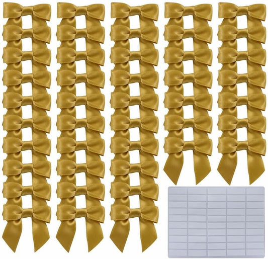 2.5" Hgzgch Gold Satin Ribbon Bow for Gift Wrapping, Premade Bows for Crafts, Cake, Party Favors, Handmade Bows with Double-Sided Tape, Self Adhesive Gift Bows for Presents, Treats, Christmas - 50pcs