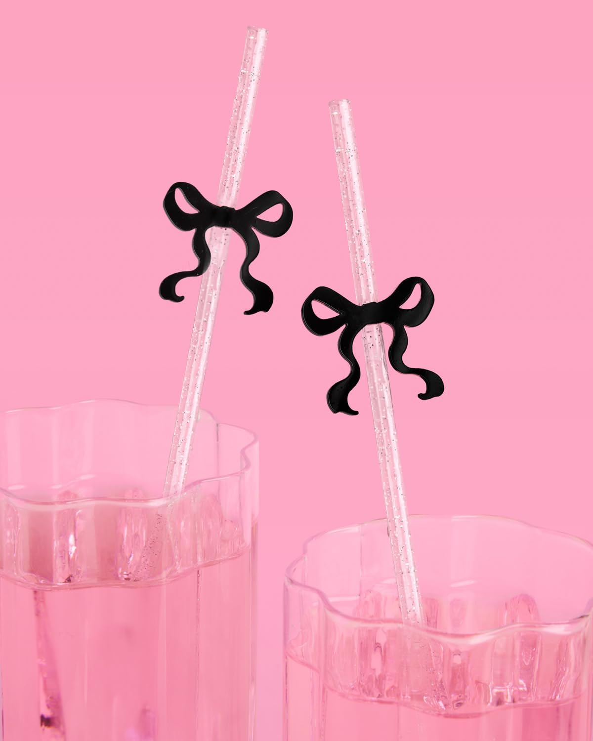 xo, Fetti Black Bow Reusable Straws, 12pcs - Clear Glitter Plastic | Birthday Drink Decorations, Coquette Drinkware, Tying the Knot Party Favor, Bachelorette Decor