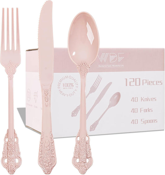 WDF 120 Pieces Heavy Duty Pink Plastic Silverware - Pink Plastic Cutlery Set - Disposable Pink Utensils - Disposable Flatware Includes 40 Forks, 40 Spoons, 40 Knives for Party, Wedding