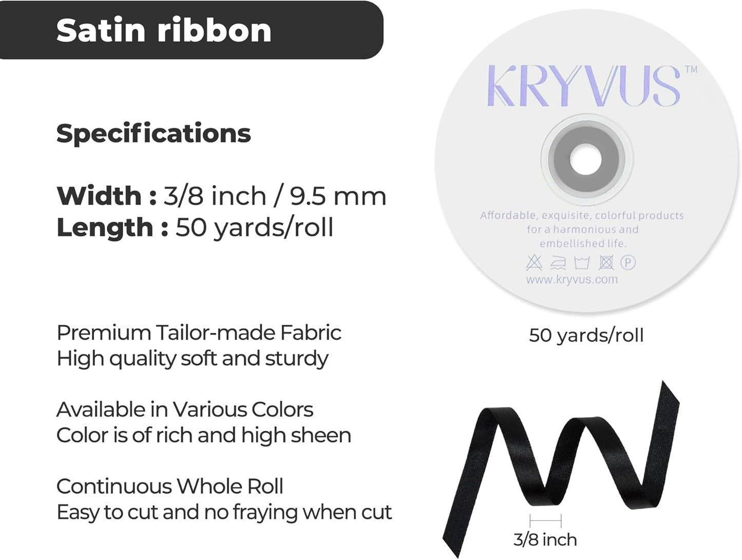 Black Satin Ribbon 3/8 inch X Continuous 50 Yards, Single Face Polyester Black Ribbon Perfect for Gift Wrapping, Flower Bouquet, Wedding Decor, Crafts, Bow Making, Sewing and More