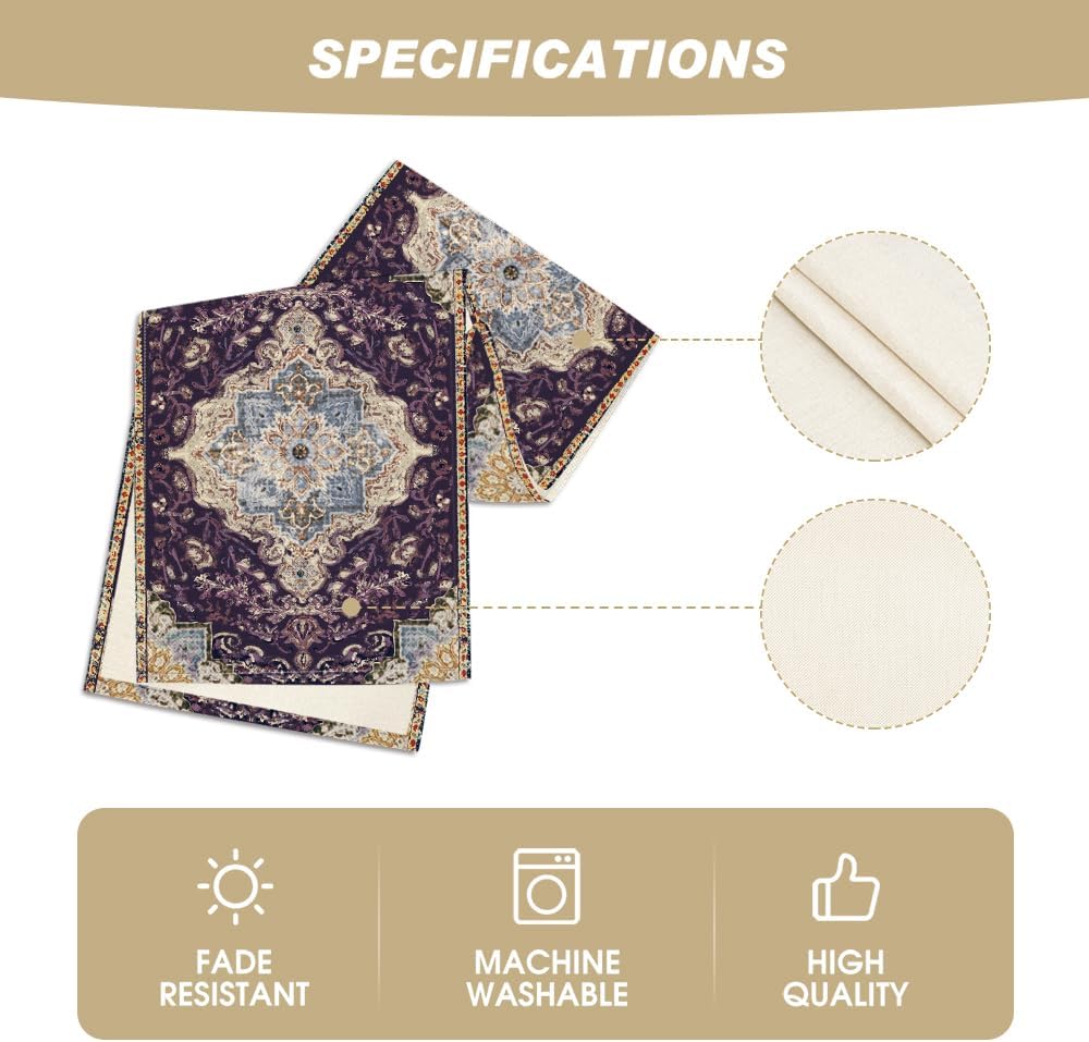 Artoid Mode Boho Bohemia Style Purple Table Runner, Country Rustic Farmhouse Magical Mardi Gras Kitchen Dining Table Decoration for Home Party Decor 13x72 Inch