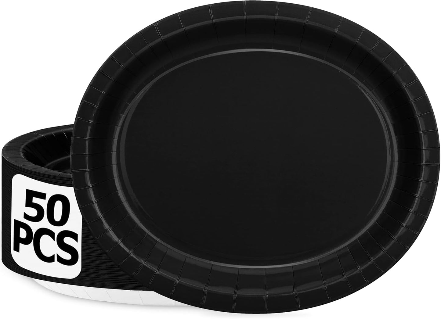 QZYL 50 Count Black Large Paper Plates, 12.2'' X 10.2'' Oval Disposable Plates, Daily Heavy Duty Dinnerware Party Decorations for Birthday Wedding Formal Dinner Holiday