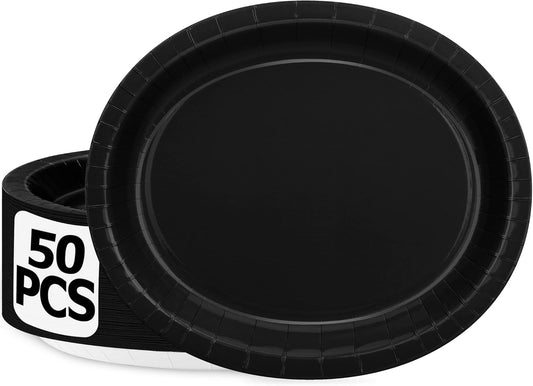QZYL 50 Count Black Large Paper Plates, 12.2'' X 10.2'' Oval Disposable Plates, Daily Heavy Duty Dinnerware Party Decorations for Birthday Wedding Formal Dinner Holiday