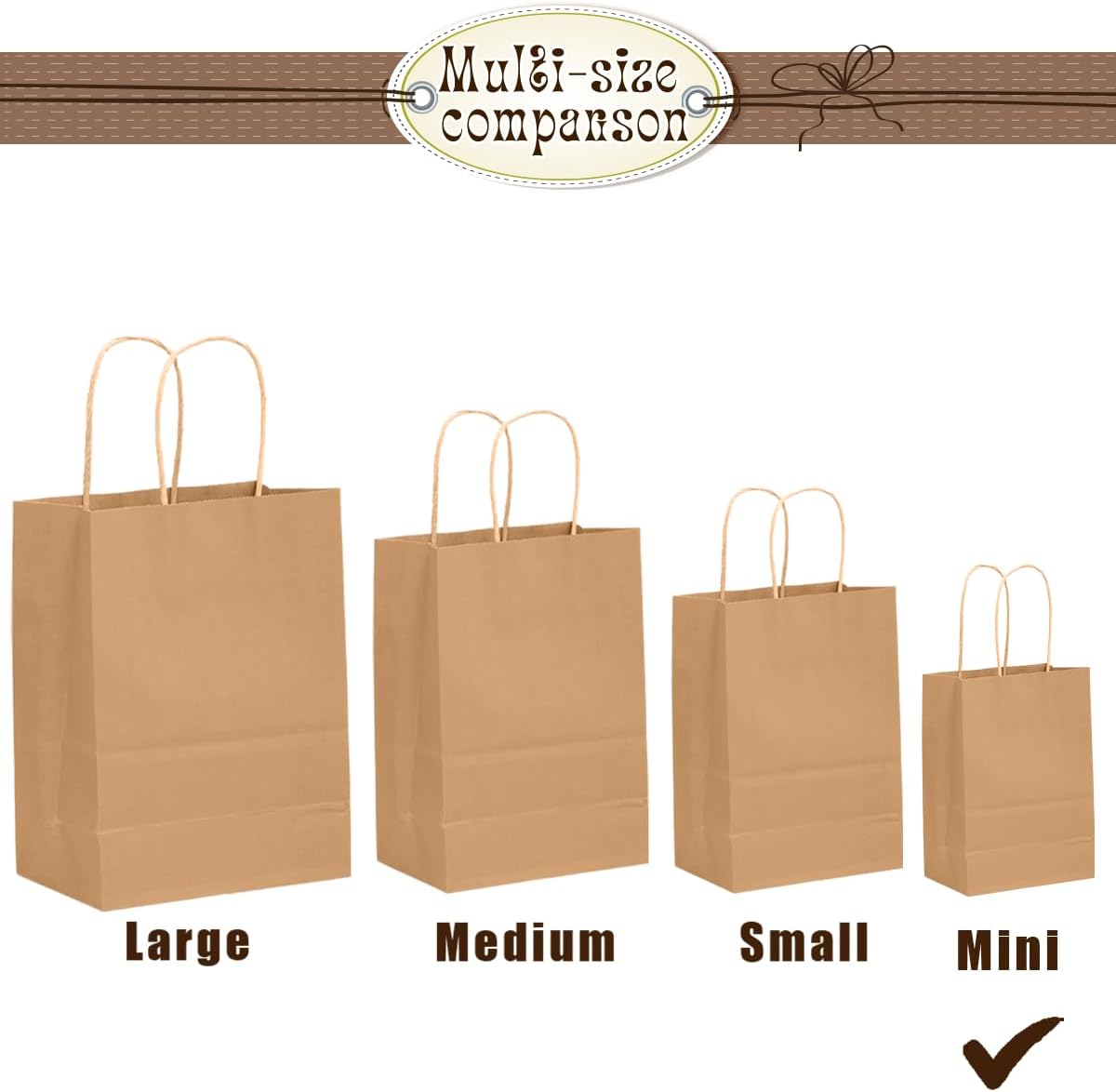 Bakepacker 100 Pcs Brown Mini Paper Gift Bags with Handles 6"x4.5"x2.5" Kraft Party Favor Bags Multiple Uses (Mini size)