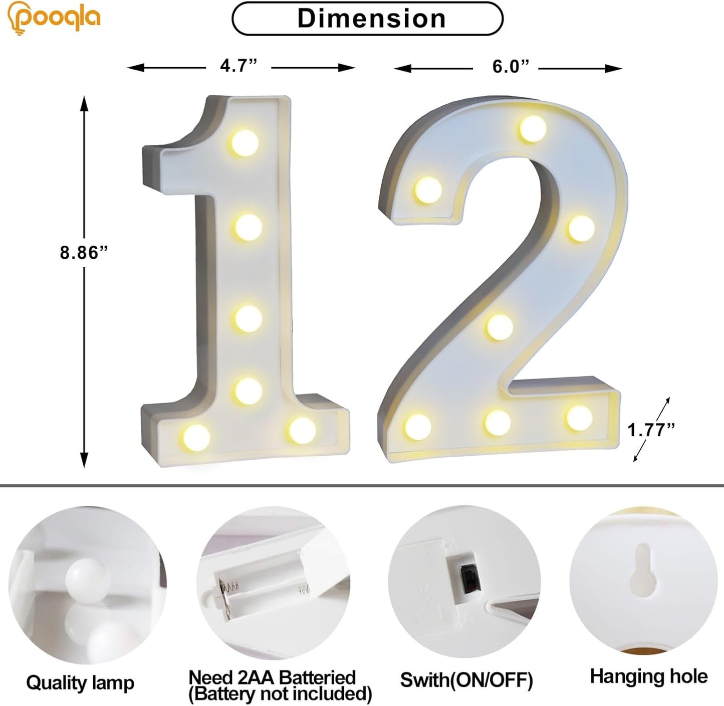 Pooqla Decorative LED Light Up Number Letters, White Plastic Marquee Lights Sign for 12th Birthday Party Wedding Decor, Battery Operated (12)