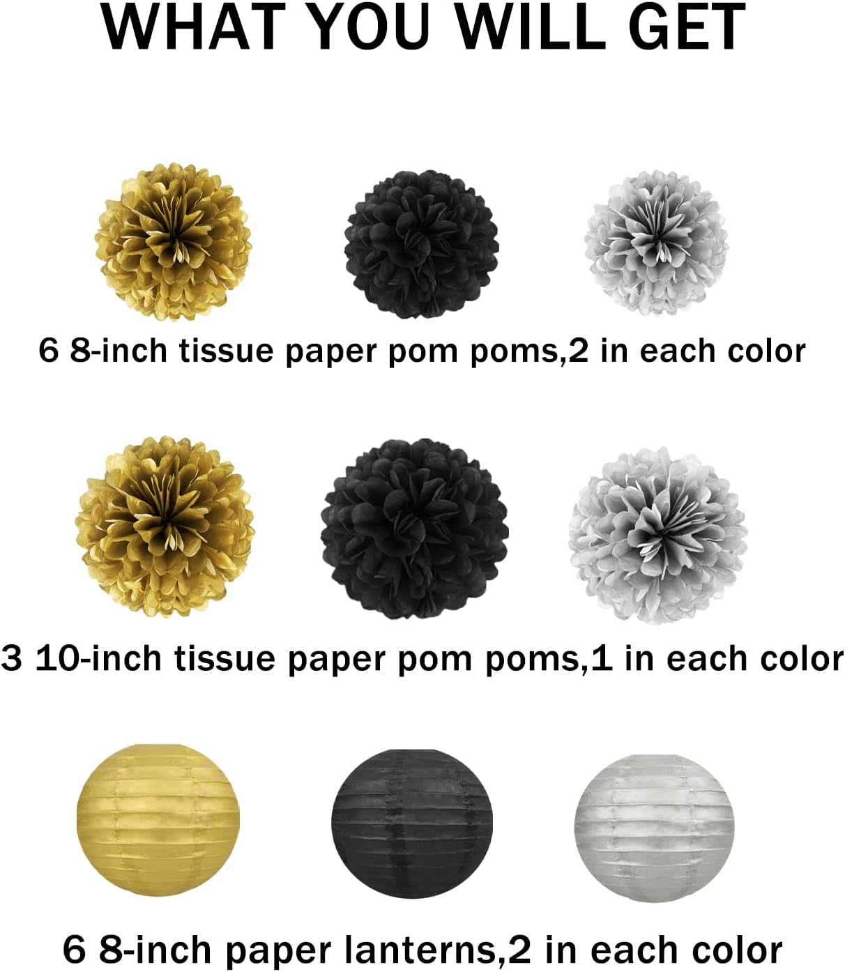 Black Silver Gold Party Decorations - 15Pcs Paper Flowers Tissue Pom Poms Paper Lanterns Graduation Hanging Decor Retirement Decoration 50th 80th 90th Men Birthday Anniversary HongTongTong