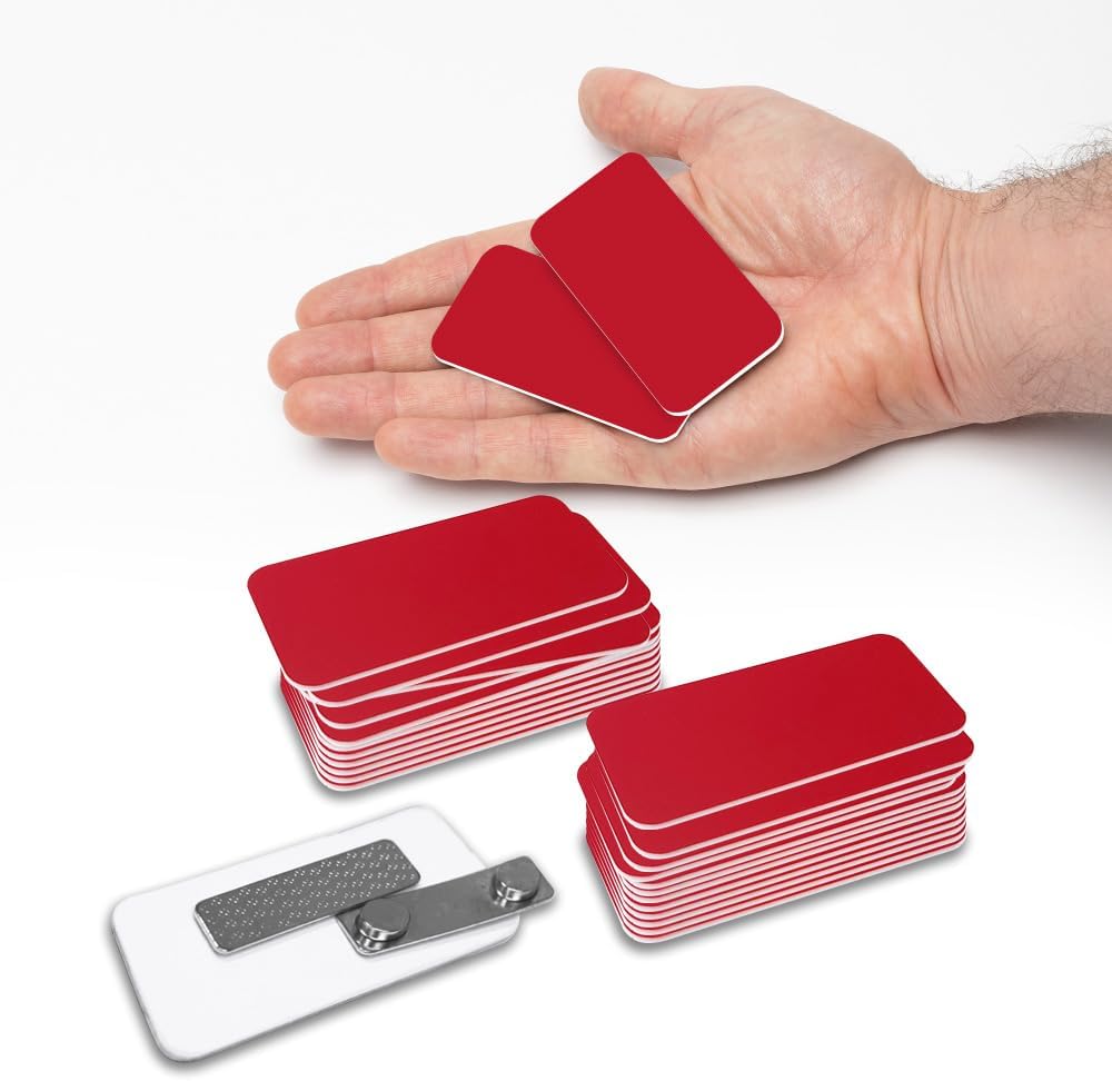 Red Name Tag Blanks – 25 Pack, 1.5" x 3", Round Corners, DIY Engravable Plastic Badges with Magnetic Backing – All Quality Badges