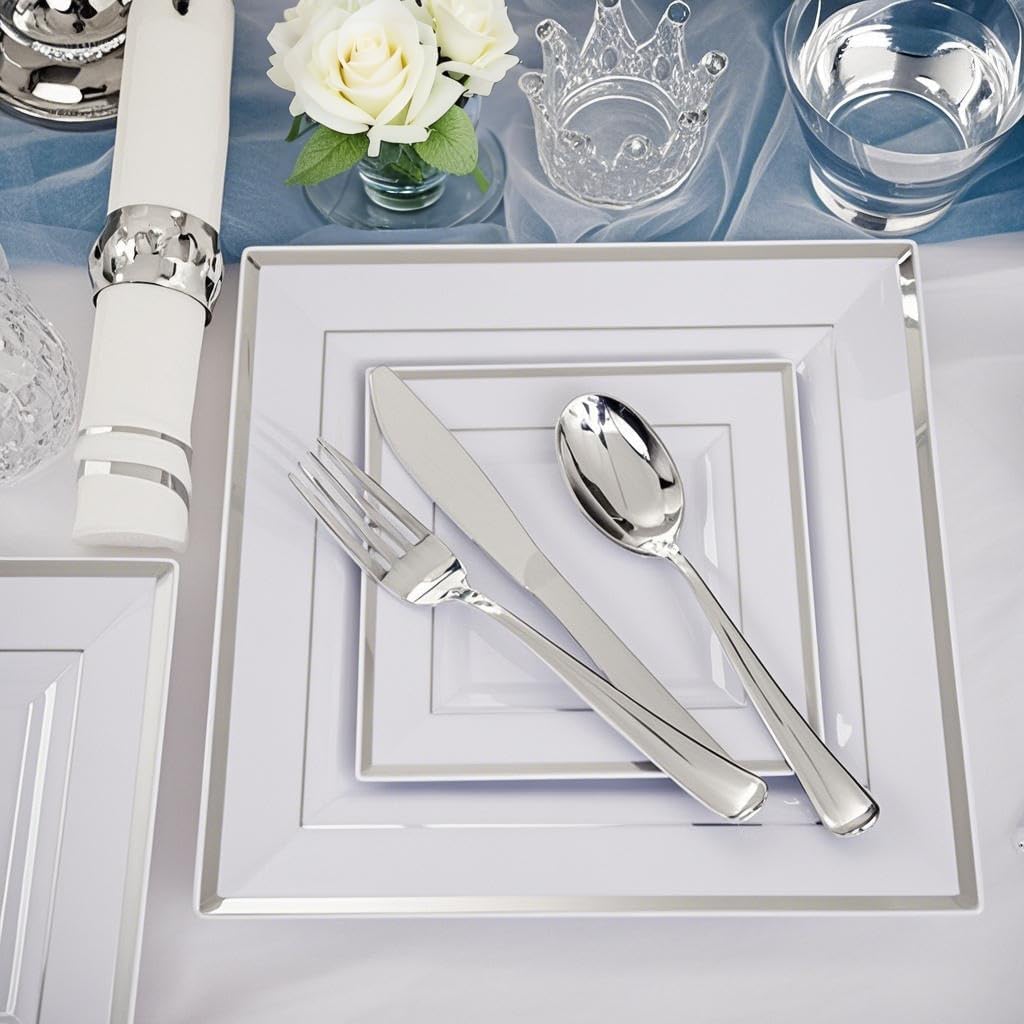Festiva 350Pcs Silver Plates - Silver Square Plastic Plates 9 .5" and 6" - serve for 50 guests include 50 Cups 50Plastic Cutlery 50Hand Napkins Perfect for Party&Wedding&Birthday&Easter Day