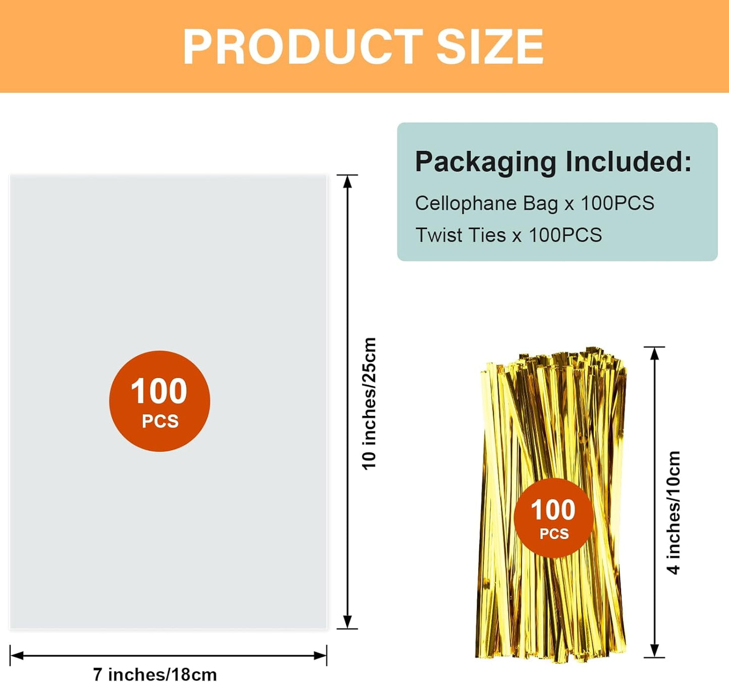 ZHEWTOEN 100 Pcs 7x10 Inch Clear Cellophane Bags with Color Twist Ties, Plastic Goodie Cello Treat Bags for Candy, Cookies, Popcorn, Small Gift Wrapping, Party Favors, Bakery Packaging