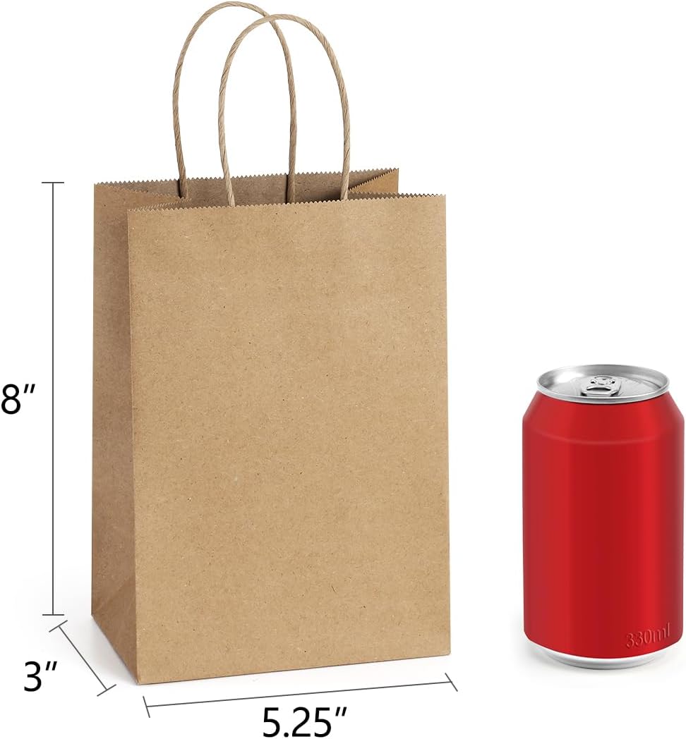 BagDream 150 Pack Small Gift Bags Bulk 5.25x3x8 Inch Natural Kraft Paper Gift Bags with Handles Shopping Merchandise Retail Business Wholesale Birthday Party Favors Bags Brown Paper Sacks