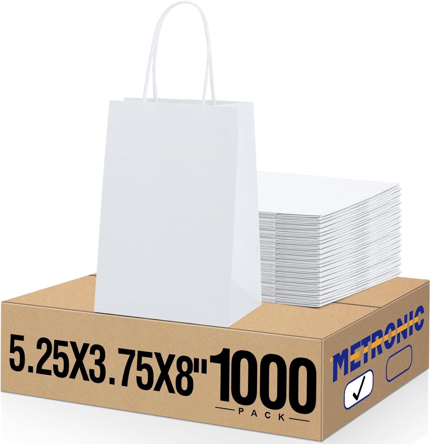 METRONIC White Paper Gift Bags with Handles, 5.25x3.75x8 inches, 1000 Pcs