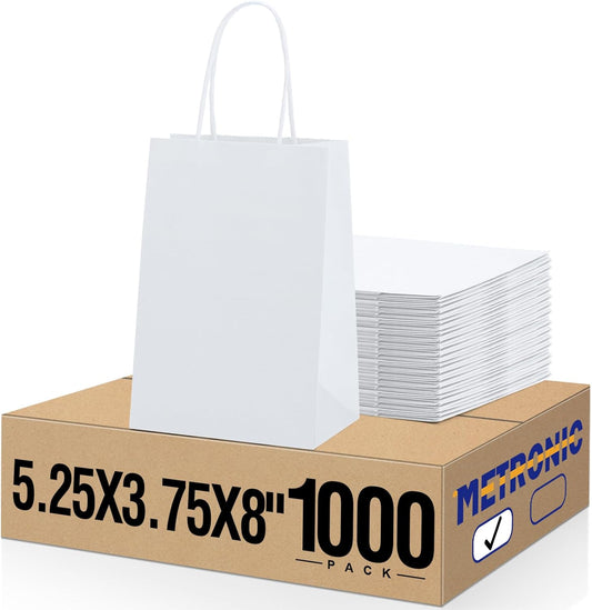 METRONIC White Paper Gift Bags with Handles, 5.25x3.75x8 inches, 1000 Pcs