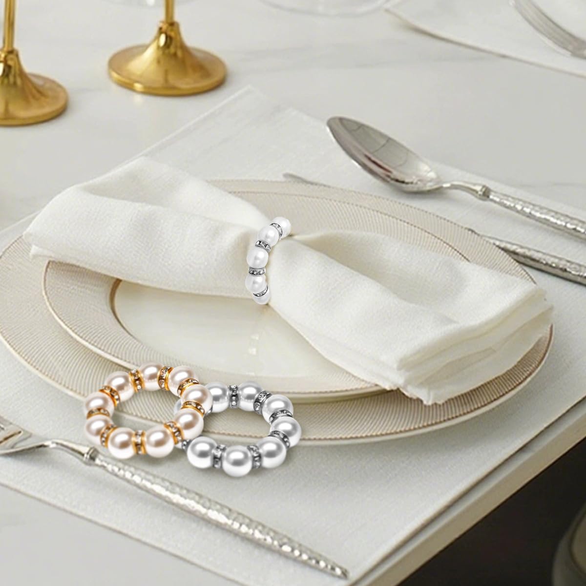 50Pcs Pearl Napkin Rings, Imitation Pearl Napkin Rings Holder, Disposable Beaded Serviette Napkin Buckles for Wedding Reception Party Banquet Dinner Table Decor (Pearl Silver, 50 Pcs)