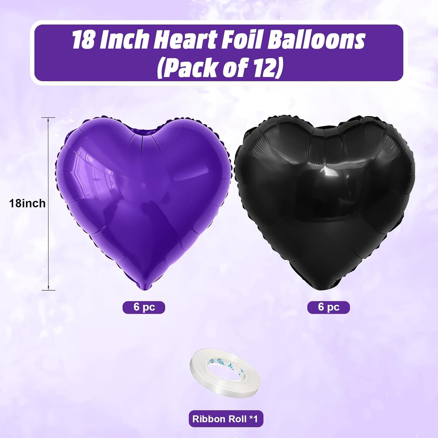 Purple Black Heart Balloons, 18 Inch Purple and Black Heart Foil Shape Balloon, 12PCS Large Love Helium Romantic Balloons for Halloween Birthday Bridal Shower Wedding Anniversary Party Supplies