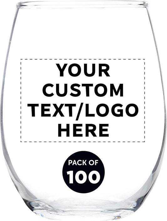 Custom Stemless Wine Glass 9 oz. Set of 100, Personalized Bulk Pack - Great for Wedding Favors, Bachelorette Party Decorations, Party Favors, Color Bottom - Clear