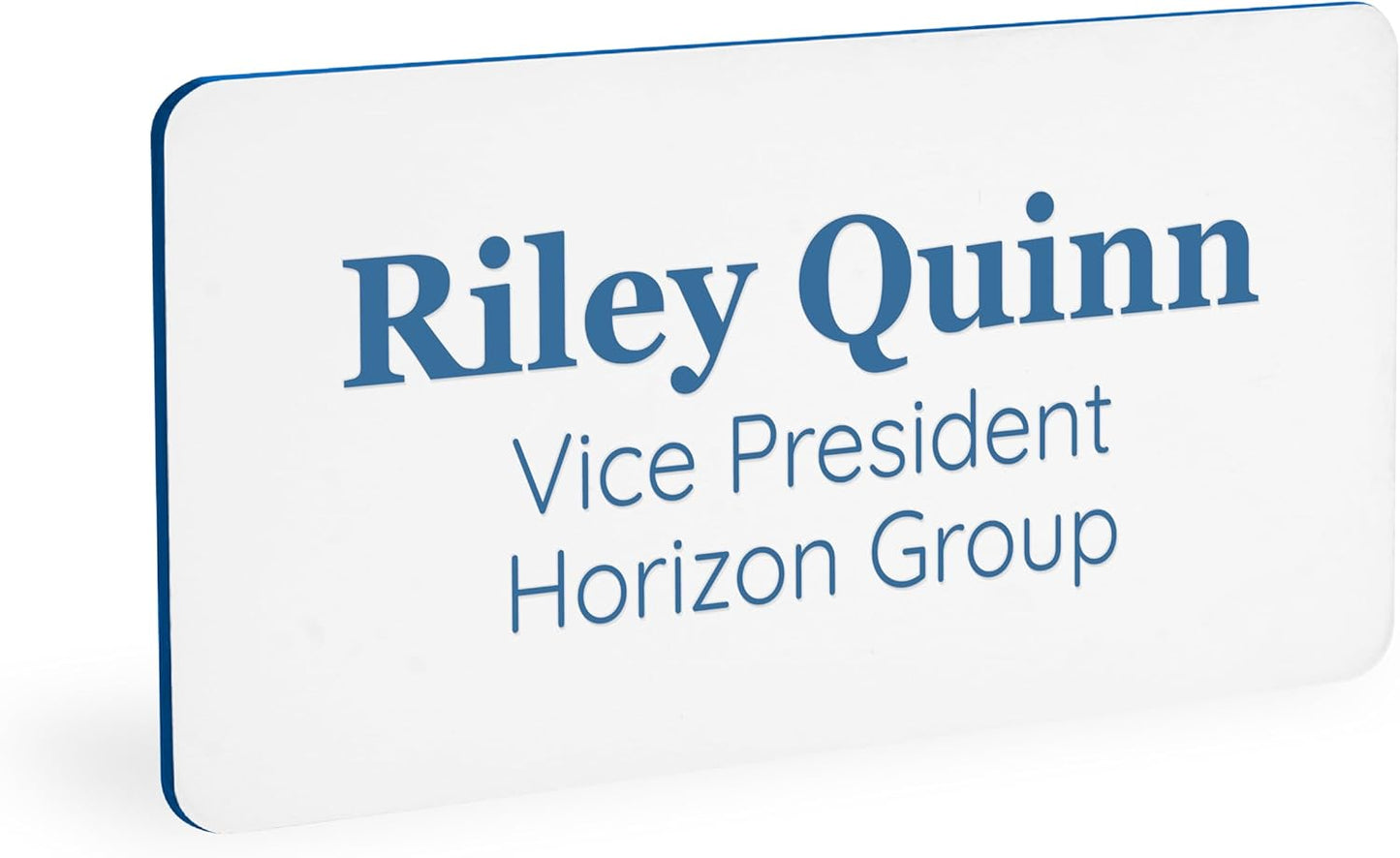 ExcelMark Custom Name Tag - Engraved Name Badge with Pin or Magnetic Backing, 16 Colors, 6 Fonts, and 2 Sizes to Choose from (White w/Blue Letters, 1.5"x 3")