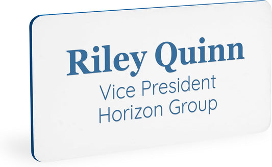 ExcelMark Custom Name Tag - Engraved Name Badge with Pin or Magnetic Backing, 16 Colors, 6 Fonts, and 2 Sizes to Choose from (White w/Blue Letters, 1.5"x 3")