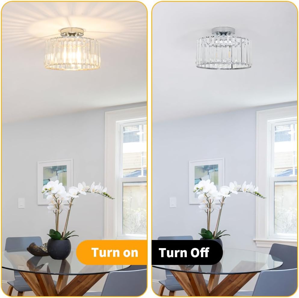 Crystal Ceiling Light Fixture, Chrome Close To Ceiling Light Fixtures, Modern Semi Flush Mount Ceiling Light, Hallway Lighting Fixture Chandelier for Bathroom Bedroom Porch Kitchen Living Room, 11in