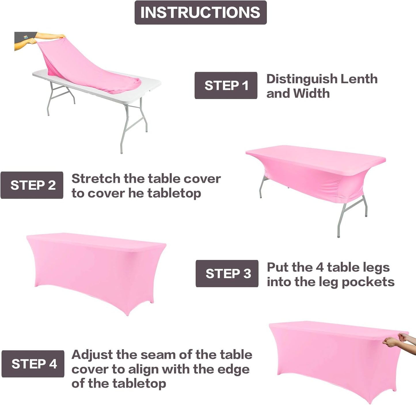 IVAPUPU 2 Pack 4FT Table Cloth for Rectangular Fitted Events Stretch Pink Table Covers Washable Cover Spandex Tablecloth Protector for Party, Wedding, Cocktail, Banquet, Festival